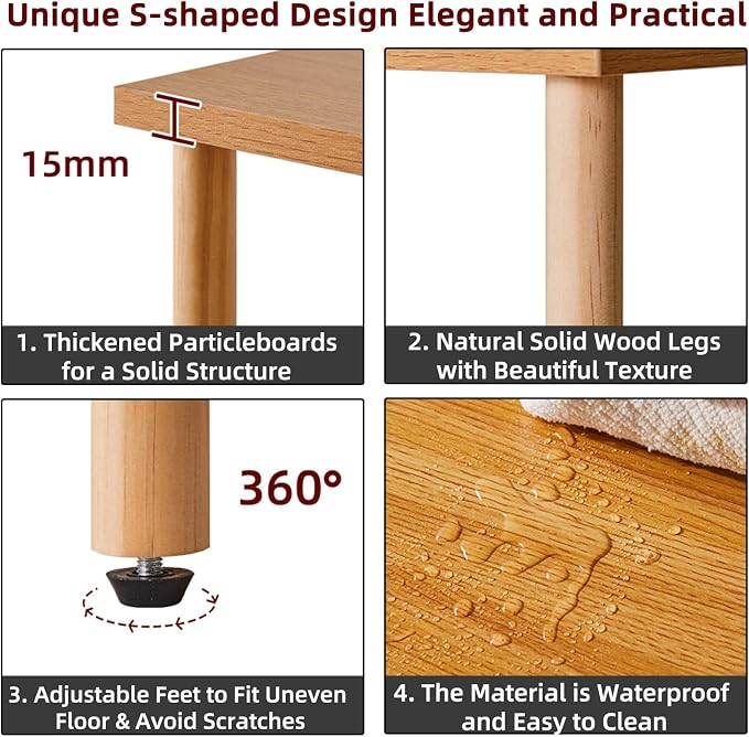 Aibiju Wooden Night Stand with Open Shelf, Nightstand with Solid Wood Legs, S-Shaped Bed Side Table 3 Tier, End Table Natural Wood YD-TM152N - Image 6