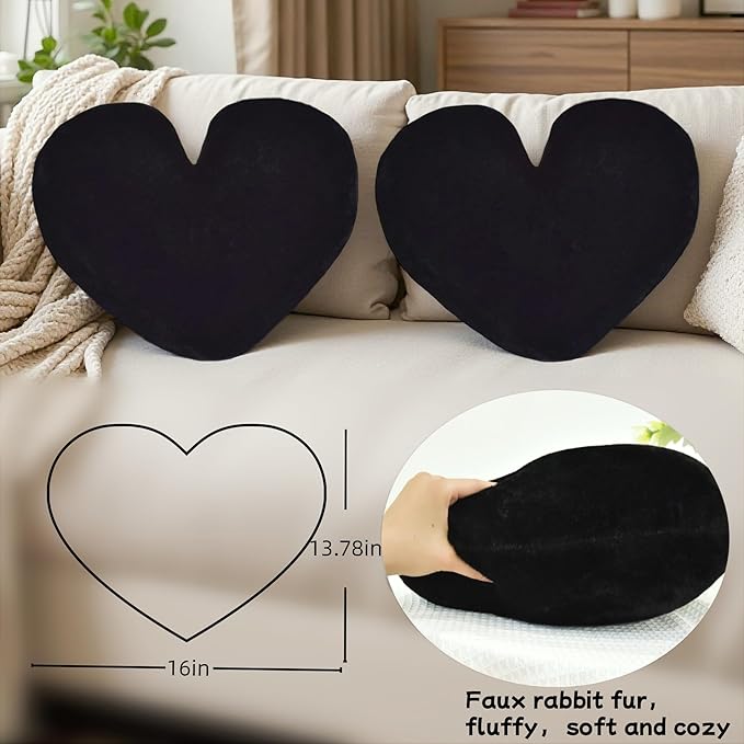 2 Pcs Black Heart Pillow Decorative Throw Pillows 16-inch Cute Soft Fluffy Heart Shaped Pillows for Bed Couch Sofa Bedroom Living Room Decor Aesthetic (Black, 16"x13.78")