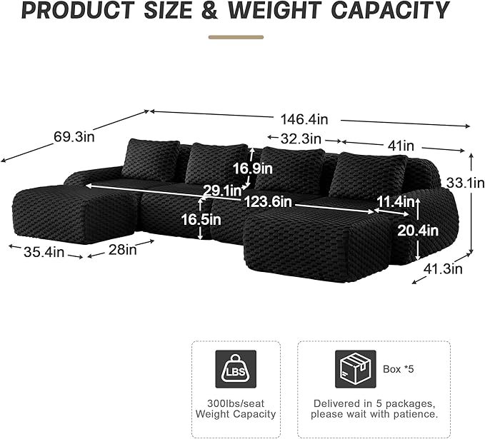 146" U-Shaped Compressed Sectional Cloud Sofa, Flannel Upholstered Modular Deep Seat Sofa with 6 Pieces, Symmetrical Boneless Foam Modular Cloud Couches for Living Room