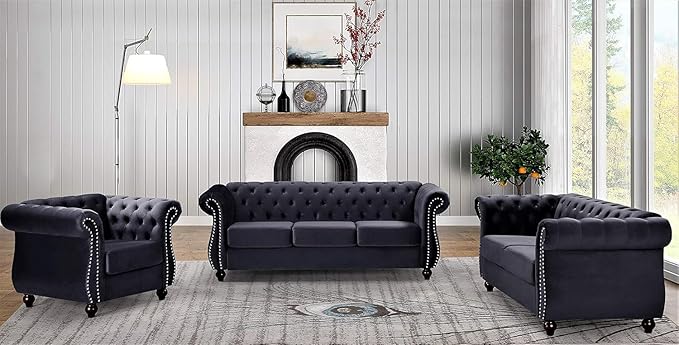 Feinstein Modern Velvet Chesterfield Couches for Living Room with Nailheads, Diamond Tufting & Durable Metal Frame, Chair, Black