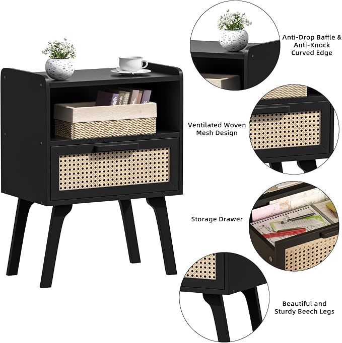 Lerliuo Rattan Nightstand, Bedside Table with Drawer Open Shelf, Cane Accent Side End Table with Solid Wood Legs, Black Mid Century Night Stand for Bedroom, Dorm and Small Spaces - Image 7