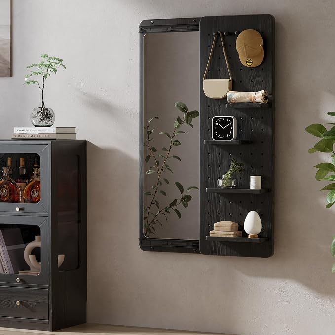 KungFuWood Full Length Mirror with Shelf and Hooks,Entry Way Mirrors for Wall,Wall Mirror with Shelf,Wall Mirror with Storage Multifunctional Design Panel,Living Room - Image 9
