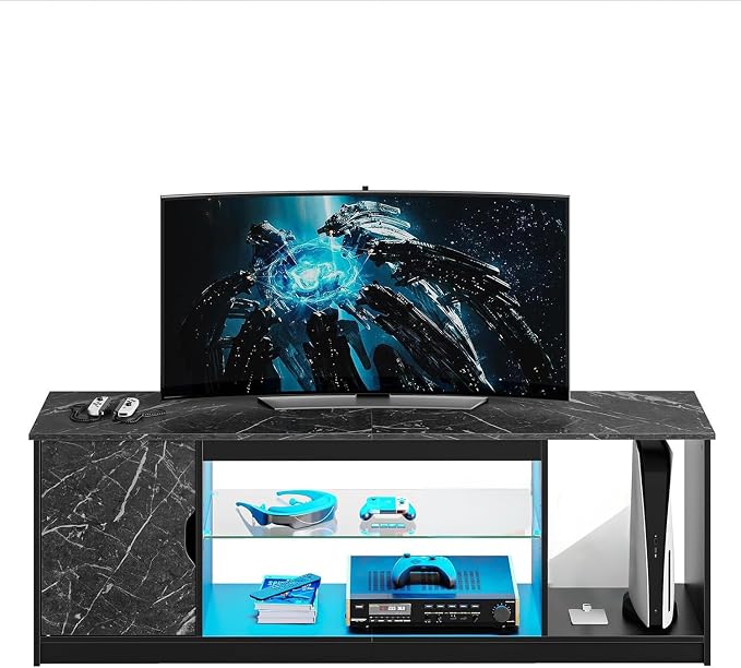 Bestier LED TV Stand for 55/60/65 Inch TV, Gaming Entertainment Center with Cabinet for PS5, Xbox,Modern TV Cabinet with Adjustable Glass Shelves for Living Room, Bedroom 57 Inch,Black Marble - Image 9