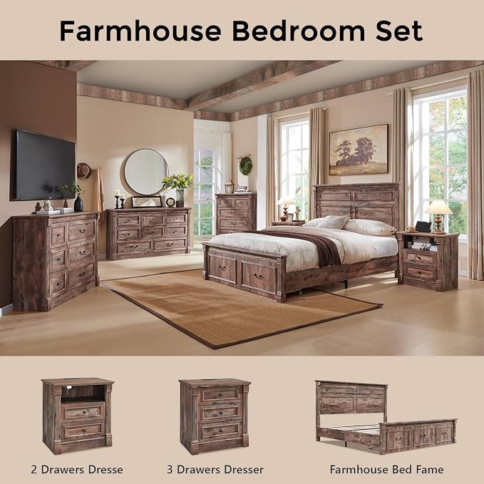Aitjunz 26" Tall Farmhouse Nightstand, 2 Drawers End Table w/Charging Station, 23.6" Wide Large Side Table w/Roman Column, Wood Rustic Sofa Table w/Open Shelf, Bedside Table for Bedroom, Light Brown - Image 7