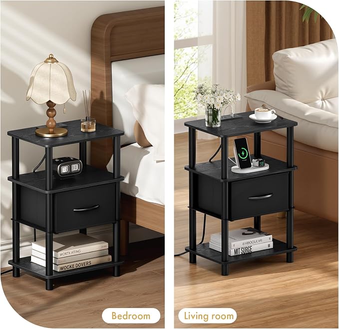 Bedroom Nightstand with Charging Station, Bedside Table with Adjustable Fabric Drawer, 3-Tier Night Table, 2-Min Installation Without Tools, Bedroom Side Table, Black - Image 8