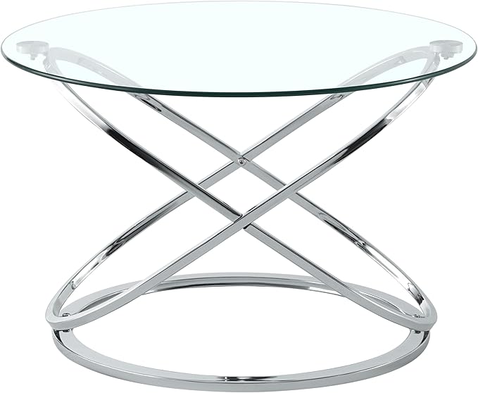 Modern Silver Round Glass Coffee Table – 26.7” Tempered Glass Top & Luxe Chrome Cross-Leg Base – Stylish Accent Table for Living Room, Apartment or Condo – Easy Setup – Space-Saving & Statement-Making