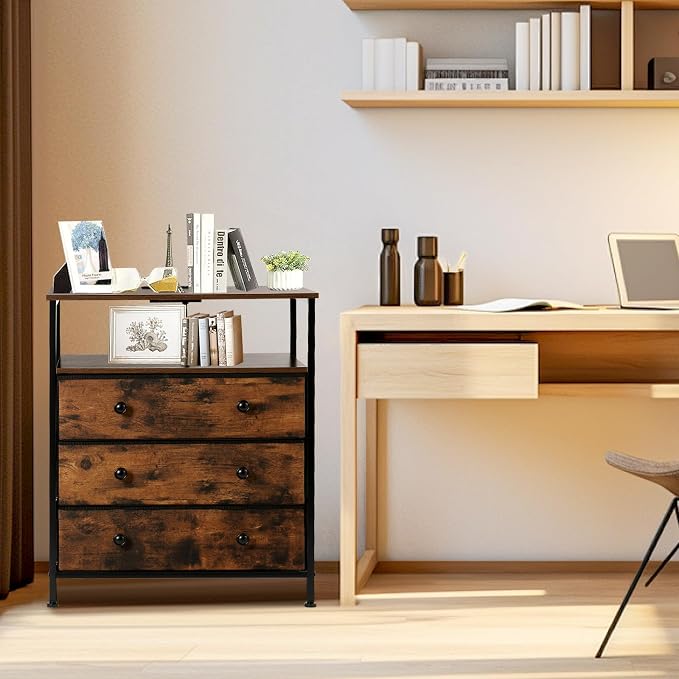 3 Drawers Dresser with Charging Station, 24 Inch Wide LED Night Stand Set 2 with Adjustable Fabric Drawer, Nightstand with Storage Shelf for Living Room/Bedroom/Office, Rustic Brown. - Image 8