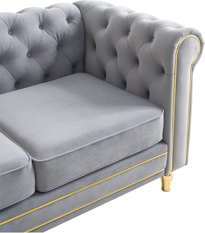 KEIKI 85" Chesterfield Velvet Tufted Button Sofa with Deep Seat Cushions and Rolled Arms, Modern 3-Seater Couch Decorated with Gold Strip, Easy Assembly, for Living Room, Bedroom, Office, Light Grey