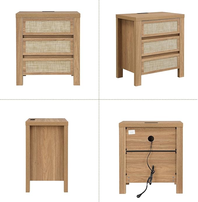 Yechen Night Stand Set of 2, Rattan Nightstands with Type-C Charging Station, 3 Rattan Drawers- Boho End Table Bedside Tables for Bedroom, Natural Walnut - Image 8