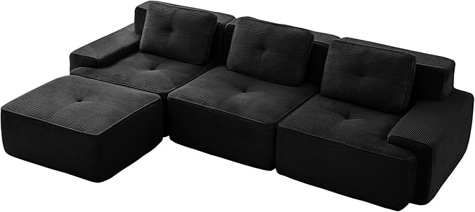 Casaphoria 115'' Boneless Sofa with Ottoman, 3-Seater Modular Couch with 3 Pillows for Living Room, L Shape Cloud Sectional Sofa, No Assembly, Black