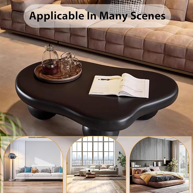 Modern Wooden Coffee Table Cloud Coffee Table Cute Central Living Room Low Table Irregular Indoor End Table Black Coffee Tables with 3 Ball Legs for Living Room Bedroom (Black Round Leg B 47.2 inch)