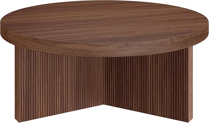 Henn&Hart 36" Fluted Round Low-Profile Coffee Table with Ribbed Pedestal Base Living Room, Family Room, or Office, Medium Walnut