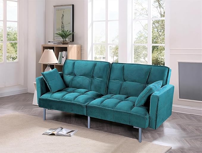 Regal 75.6" Velvet Convertible Sofa Bed - Mid-Century Sleeper Couch w/Tufted Design & Metal Legs - Pull-Out Futon for Guests/Home (75.6" W x 34.6" D x 32" H), Blue