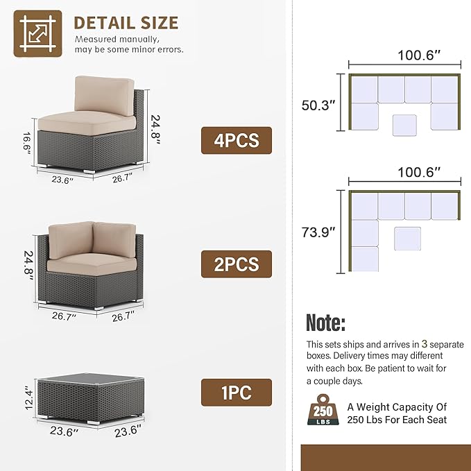 SUNCROWN 7-Piece Outdoor Patio Furniture Sofa Set All-Weather Black Wicker Sectional Conversation Set with Modern Glass Coffee Table and Cushions, Backyard, Garden, Poolside, Brown