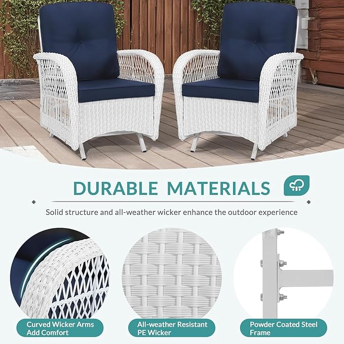 MEETWARM Patio Wicker Rocking Glider Set, All-Weather Outdoor Rattan Patio Rocking Chairs of 2, Patio Conversation Set with Thickened Cushions for Porch Backyard & Garden, White Wicker/Navy