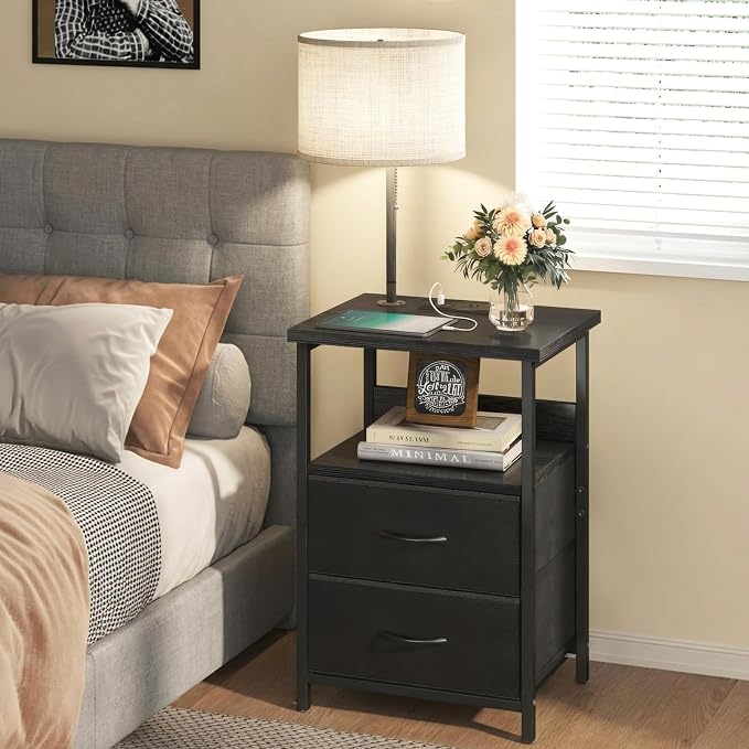 Fixwal Bedside Table with 3 Color Temperature Reading Light, Nightstand with LED Light & Charging Station End Table with Adjustable Fabric Drawer for Bedroom, Dorm, Black - Image 7