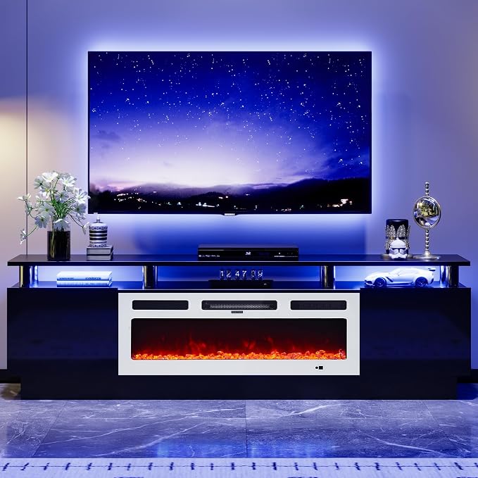80" TV Stand for Living Room, Modern Entertainment Center & Media Console, Fits TVs up to 80", Storage Cabinet with Shelves, 36" Electric Fireplace with LED Flame(Black+White) - Image 7