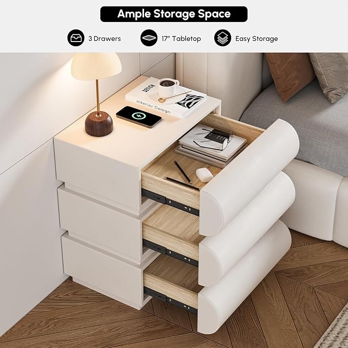 homary Smart Nightstand with Wireless Charging, USB & Type-C Ports – Modern Off White Faux Leather Nightstand with 3 Drawers, Bedside Table with Charging Station for Bedroom - Image 9