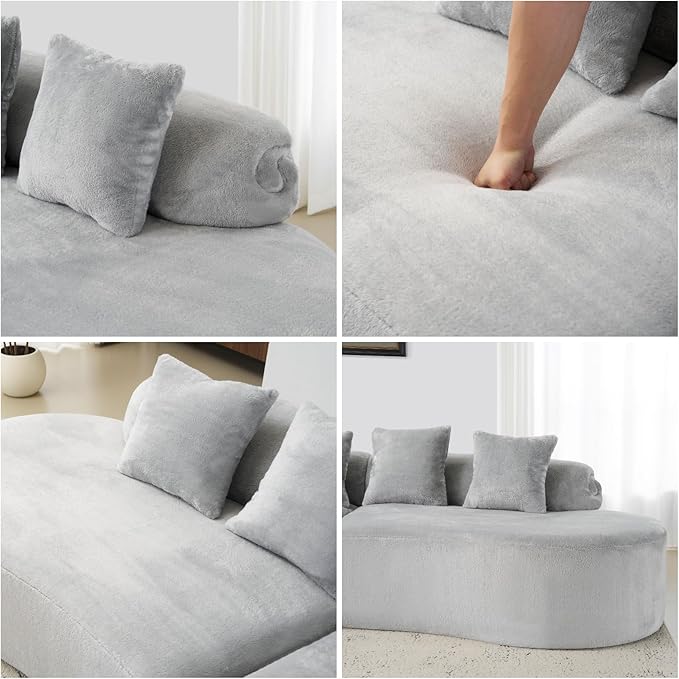 Curved Multi-Seater Sofa, Modern Modular Sofa with Cylindrical Backrest & 4 Coordinating Pillows, 111'' Flannelette Leisure Combination Couch with Ergonomic Design for Living Room, Light Grey