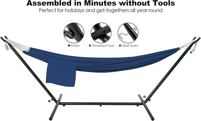 Gafete Double Hammock with Stand for Outside, Upgraded Spreader Bar, Heavy Duty Space Saving Steel Stand 2 Person, Side Pockets, Easy Assembly, 600lbs Weight Capacity, Indoor & Outdoor (Navy Blue) - Image 6
