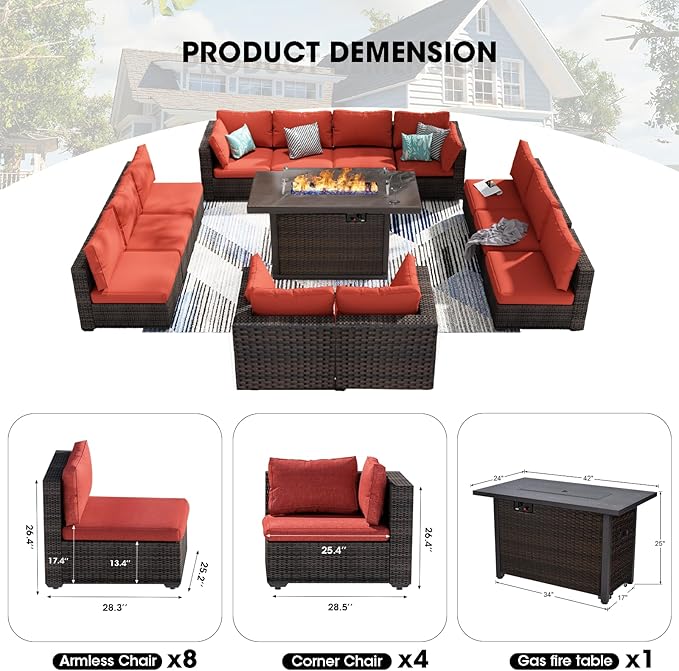 13 Piece Patio Furniture Set with Fire Pit Table All Weather PE Rattan Outdoor Sectional Sofa Couch with No-Slip Cushions for Garden, Poolside, Backyard (Red)