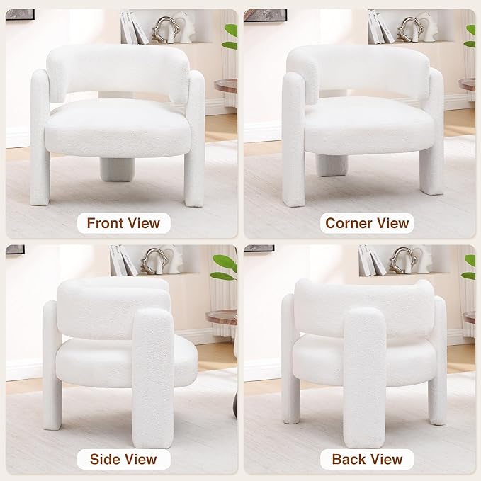 Accent Chair for Living Room, Modern Sherpa Barrel Chair, Upholstered Living Room Chairs with 3 Legs, Comfy Armchair Reading Side Chair for Bedroom, Office, Apartment, White