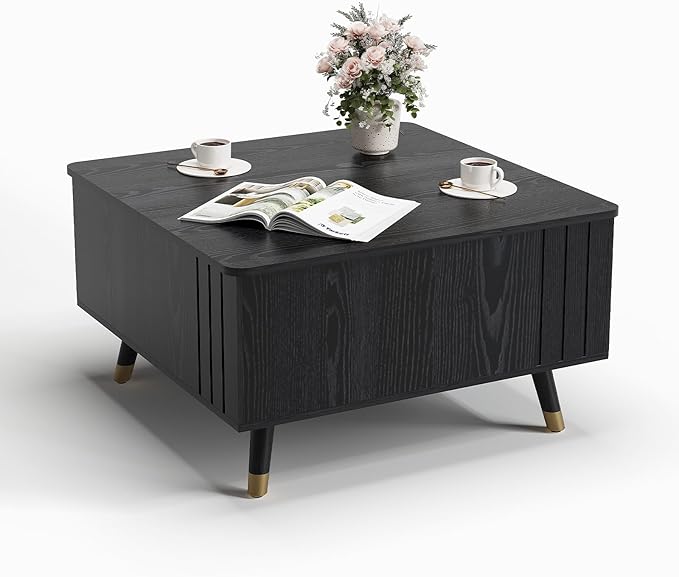 Black Lift Top Coffee Table with Storage, 32 Inch Mid Century Modern Square Center Table with Rising Top for Living Room