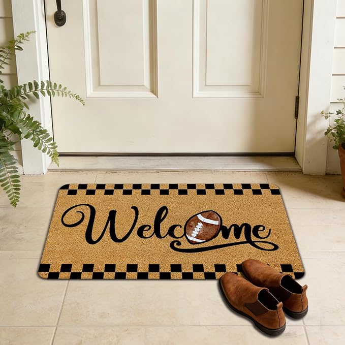 Football Welcome Mat for Boys Kids Room Bedroom Decor, Black and White Checkered Football Sport Faux Coir Door Mat Small Rug for Front Door Indoor Outdoor Entrance Entryway, 17x30 Inches - Image 7