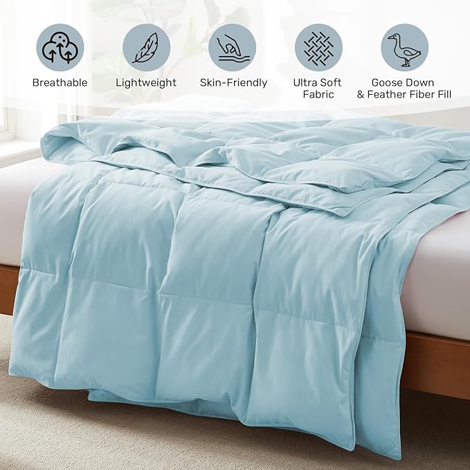 Joysoul Goose Feathers Fiber Comforter - Lightweight Ultra Soft Fabric Cover Breathable White Down Feather Fill, Blue Twin Size Duvet Insert (68" X 88")