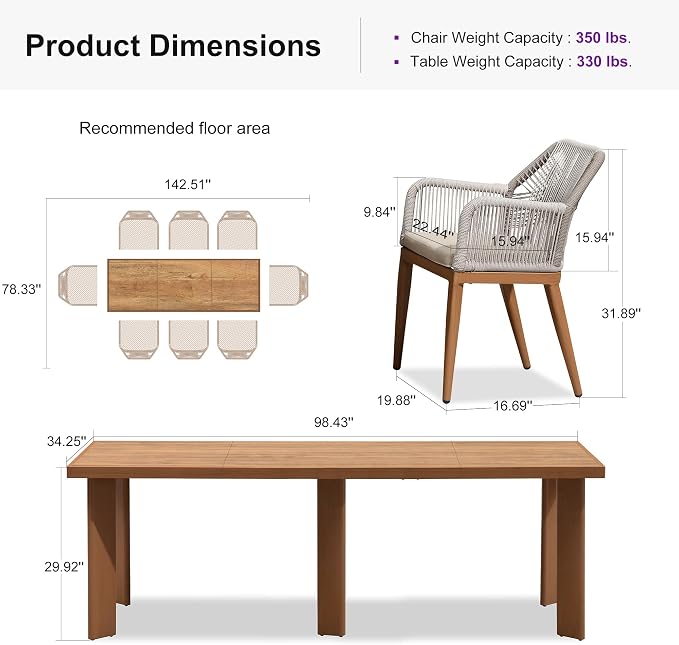 PURPLE LEAF 9 Pieces Patio Dining Set Aluminum Rectangular Table and Rattan Arm Chairs with Cushions for Kitchen Porch Garden Modern Outdoor Furniture Sets - Image 9