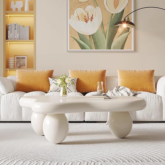 Modern Wooden Coffee Table Cloud Coffee Table Cute Central Living Room Low Table Irregular Indoor End Table with 3 Ball Legs for Living Room Bedroom (White Oval Leg b 47.2 inch)