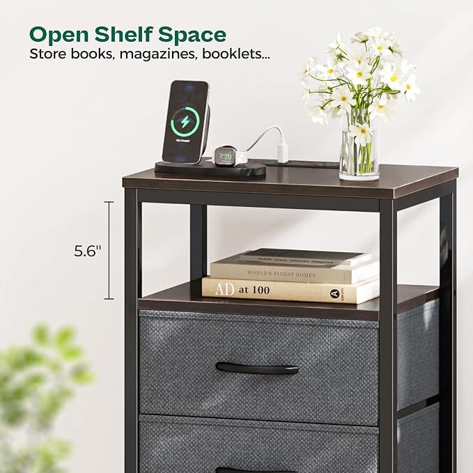 Huuger Night Stand with Charging Station, 4 Drawer Dresser for Bedroom, Bedside Table, 33.9 Inch Tall Nightstand with Open Shelf, End Table, for Closet, Entryway, Bedroom, Walnut - Image 9