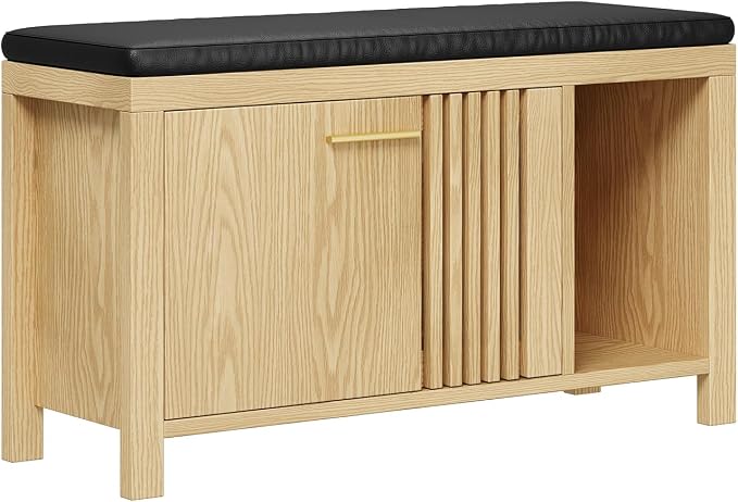 UNIQUITE 40" Shoe Storage Bench with Flip Drawers & Padded Seat Cushion, Open Compartments & Slatted Doors, Entryway Bench with Shoe Storage for Entryway, Hallway, Living Room, Bedroom, Natural - Image 9