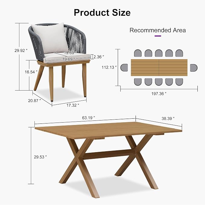 PURPLE LEAF 14 Pieces Patio Dining Set Wicker Outdoor Furniture Rectangular Table and Chairs Set for Garden Deck Teak-Finish & Grey Aluminum Frame Backyard Kitchen Set, Cushions and Pillows Included - Image 8