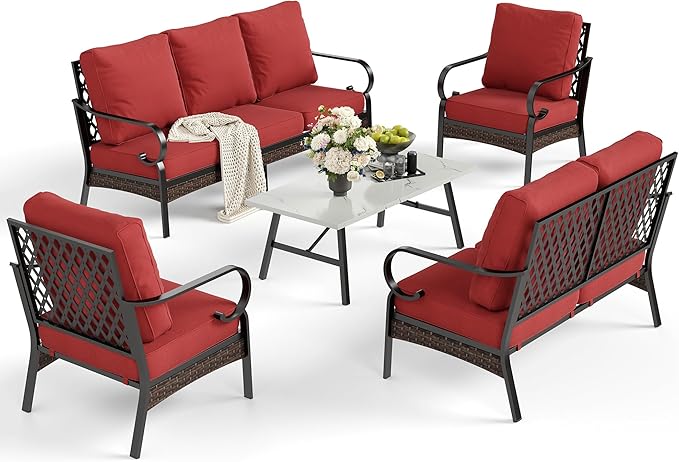 5 Piece Metal Outdoor Patio Furniture Set, Patio Conversation Sets with 3-Seater Sofa, Loveseat, 2 Fixed Sofa (5.75" Thick Cushion) & Coffee Table Black Backyard Furniture, Rust Red
