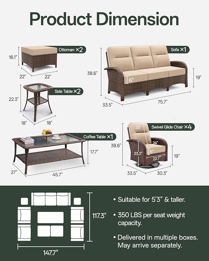 Patio Furniture Set with 6-Inch Thick Cushions, High Back Outdoor Swivel Rocker Chairs and Patio Couch, 10-Piece Easy Assembly Conversation Set for Porch Deck Pool Yard in Beige
