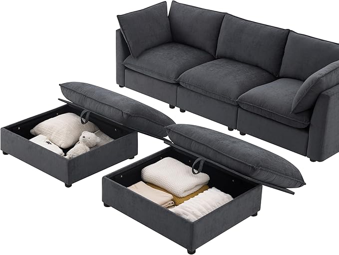 Merax Modern U-Shaped Sectional Sofa with 2 Movable Storage Ottomans, Chenille 6-Seat Couch Set with Fold-Down Backrest Table, Charing Ports, Cup Holders for Living Room,Small Space, Gray