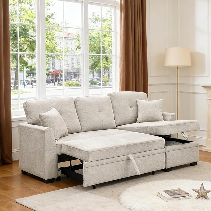Sectional Sleeper Sofa with Pull Out Bed, L Shape Convertible Chenille Couch with Storage Chaise, 2 in 1 Pull Out Sofa Bed with 2 Seats, for Living Room, Apartment, Beige