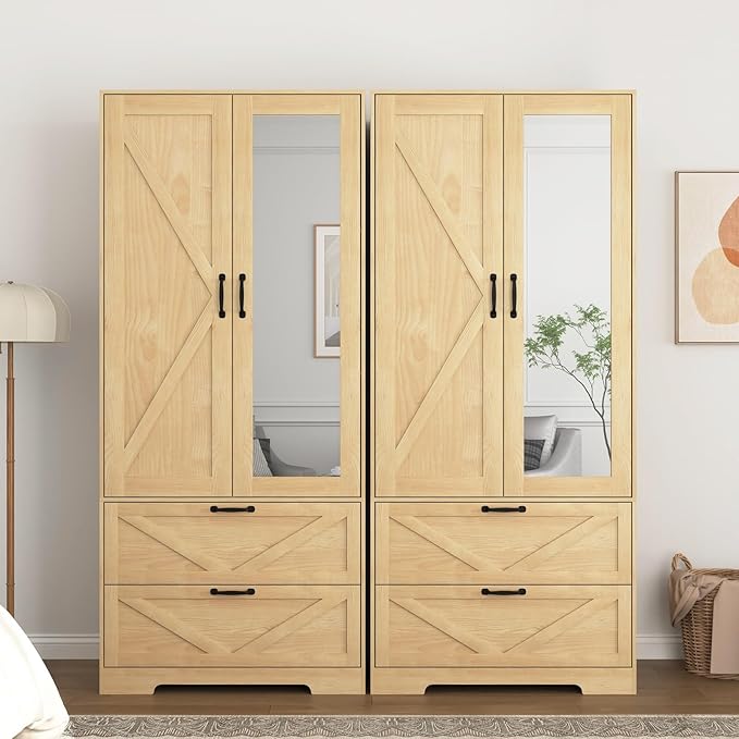 Armoire Wardrobe Closet with Mirror and 2 Drawers, 72'' Bedroom Armoire Wardrobe Cabinet with Hanging Rod and Light,Wooden Bedroom Closet with Adjustable Shelf