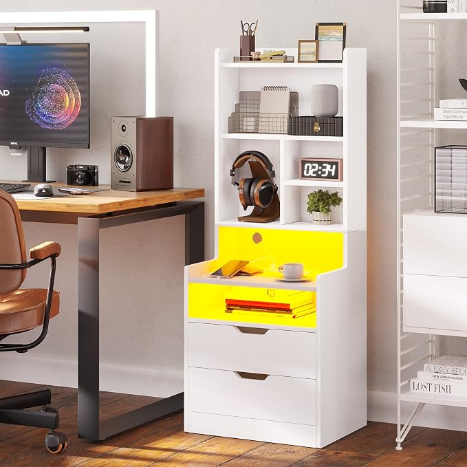 BTHFST Tall Nightstand Set of 2, LED Nightstand with Charging Station, Bedside Table with Shelves and 2 Drawers, Tall End Side Table with LED Lights and Storage, White - Image 7