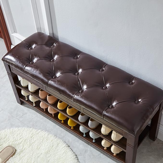 LEILISI Shoe Bench, Storage Rack Organizer with Cushion 2 Tier Lift Top Shoe Rack for Entryway Living Room Bedroom Hallway Wooden Furniture (Brown, 31.5'') - Image 7