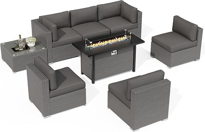 SUNCROWN Outdoor Patio Furniture Set 7 Piece Outdoor Sectional Sofa Grey Wicker Conversation Sofa Set with Coffee Table, Cushions and Fire Pit Table -Grey