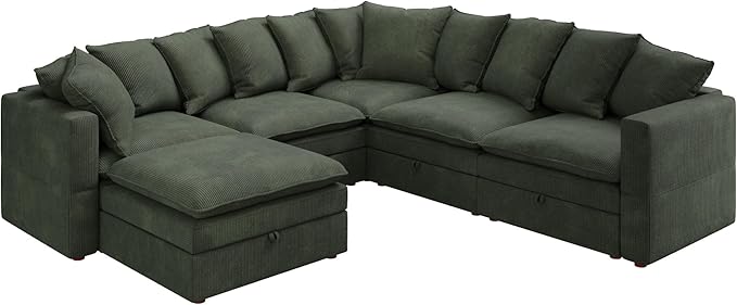HONBAY Modular Sectional Sofa, 6 Seat U Shaped Corduroy Couch with Storage & Pillows, Convertible Sectional Couches for Living Room, Green