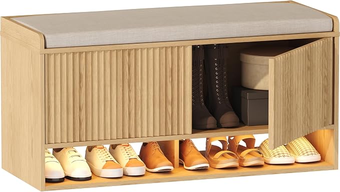 HOMEFORT 39.4" Fluted Shoe Storage Bench, Entryway Bench with Linen Seat Cushion, Shoe Cabinet Bench with Adjustable Shelf and Built-in LED Sensor Light, Bench for Bedroom End of Bed, Natural Oak - Image 9