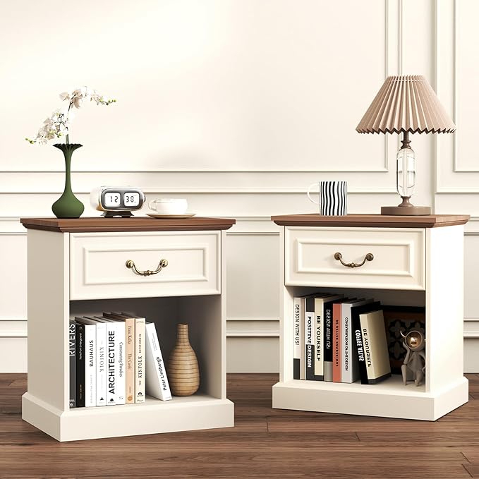 Nightstand Set of 2 with Drawer and Open Shelf, Wooden Bed Side Table for Bedroom, Modern End Table Side Table for Living Room, Small Night Stand Set 2 Furniture for Small Spaces (Beige) - Image 9
