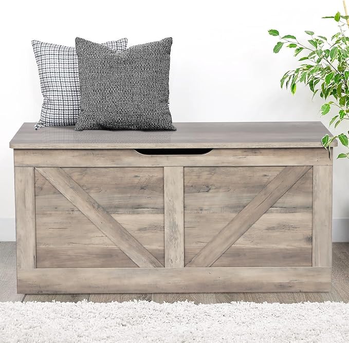 Timberer 39.4" Storage Chest, Wooden Storage Bench, Large Storage Trunk with 2 Safety Hinges, Entryway Shoes Bench for Living Room, Bedroom,Grey - Image 9
