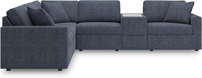 Signature Design by Ashley Modmax Contemporary Stain Resistant Left-Arm Facing 6-Piece Sectional with Storage Console, Armrest, Throw Pillows and Reversible Cushions for Living Room, Blue