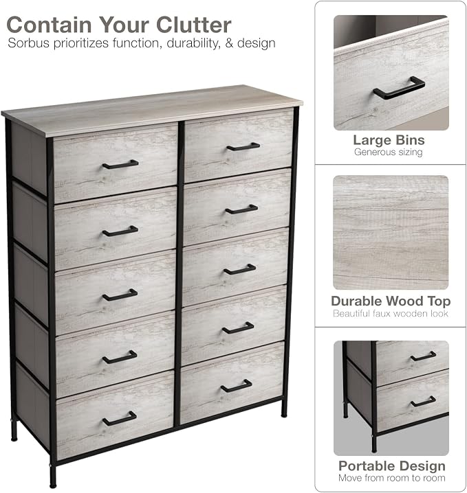 Sorbus Dresser with 10 Faux Wood Drawers - Chest Organizer Unit with Steel Frame Wood Top & Handle Easy Pull Fabric Bins for Clothes - Storage Furniture for Bedroom, Hallway, Living Room & Closet - Image 7