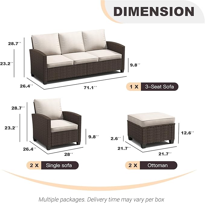VICLLAX Patio Furniture Set 5 Pieces Wicker Outdoor Conversation Set, 3-Seat Sofa with 2 Single Sofa Chairs and 2 Ottomans for Garden, Poolside, Backyard, Beige Cushion
