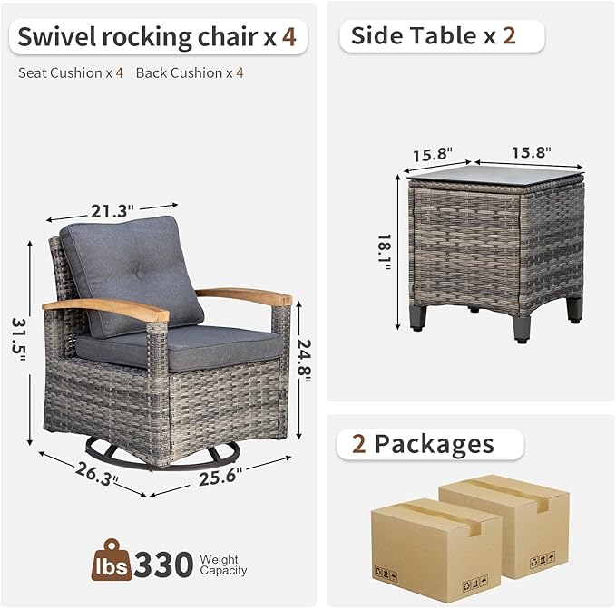 MEISSALIVVE 6 Pieces Patio Furniture Sets, Wicker Patio Conversation Sets with 4 Wood Armrests Swivel Glide Chairs,Outdoor Conversation Set for Deck Yard and Poolside (Grey)